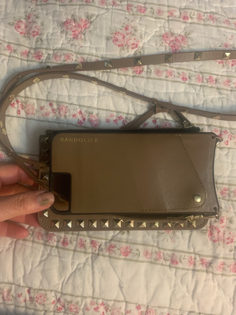 Bandolier Taupe/Brown Leather Studded Crossbody Phone Wallet